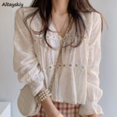 Blúzok Női Virágos Patchwork Design Édes nyári vágott Nőies Elegáns Hosszú ujjú Puha Ulzzang Trendi College Ins Harajuku