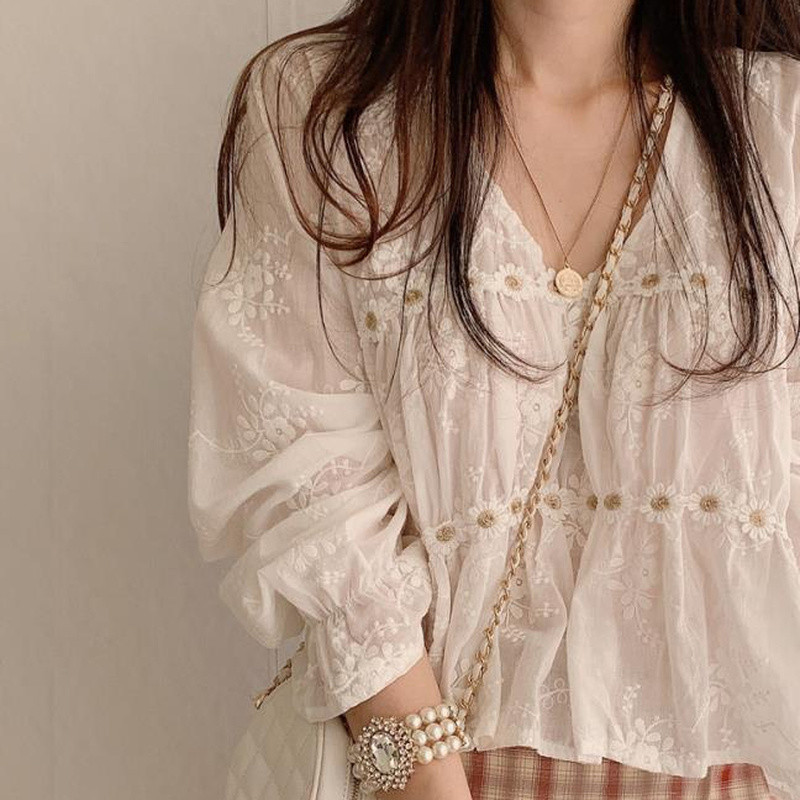 Blúzok Női Virágos Patchwork Design Édes nyári vágott Nőies Elegáns Hosszú ujjú Puha Ulzzang Trendi College Ins Harajuku