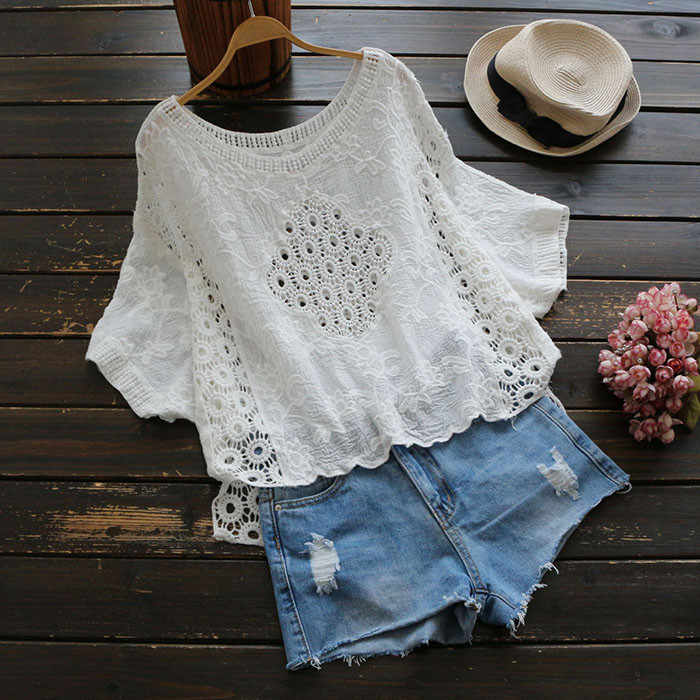 2023. g. balta blūze Blusas Sieviešu topi, ar izliektām piedurknēm, kokvilnas tamborētas pludmales blūzes Boho apgriezti sieviešu krekli