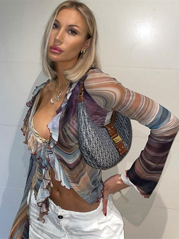 Ar svītrām apdrukāti apgriezti sieviešu topi ar garām piedurknēm ar volāniem, priekšpusi, piesienami jaciņu topi un blūzes. Ikdienas seksīgi vintage krekli sievietēm