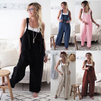 Rompers 2020 New Brand Women Casual Loose Βαμβακερό λινό μασίφ τσέπες Ολόσωμη φόρμα με φαρδιά κοψίματα παντελόνια ζεστά