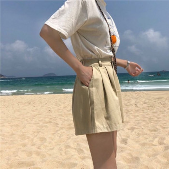 Σορτς Γυναικεία Καλοκαιρινή Χαλαρή Ψηλή Μέση Casual Καθαρό Χρώμα Κομψό Απλό Streetwear Κορεάτικο Στιλ Γυναικείο Παντός αγώνα Wide Leg College
