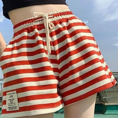 S-3XL csíkos női rövidnadrág magas elasztikus derékkal Nyári Basic Hangulatos Mindennapi koreai stílus Divat Alkalmi Шорты Женский