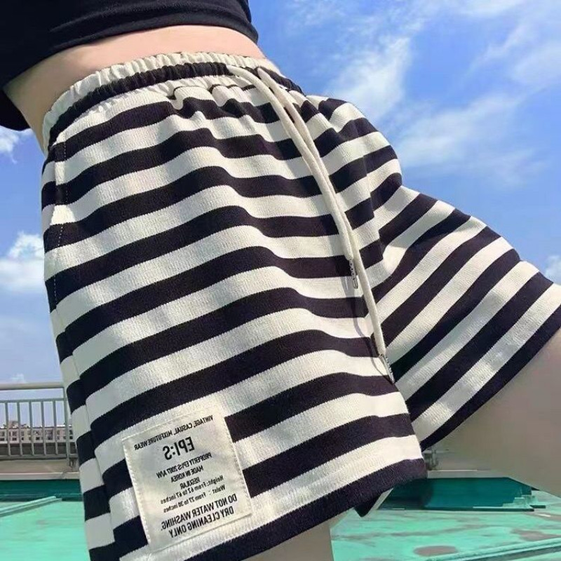 S-3XL csíkos női rövidnadrág magas elasztikus derékkal Nyári Basic Hangulatos Mindennapi koreai stílus Divat Alkalmi Шорты Женский