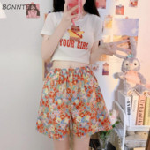 Pantaloni scurți Femei Kawaii Floral Sweet Girl Picior lat Subțire Acasă Stil plajă Baggy Japonia Vară Casual Confortabil Nou Retro Estetică Chic