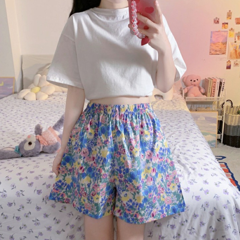 Pantaloni scurți Femei Kawaii Floral Sweet Girl Picior lat Subțire Acasă Stil plajă Baggy Japonia Vară Casual Confortabil Nou Retro Estetică Chic