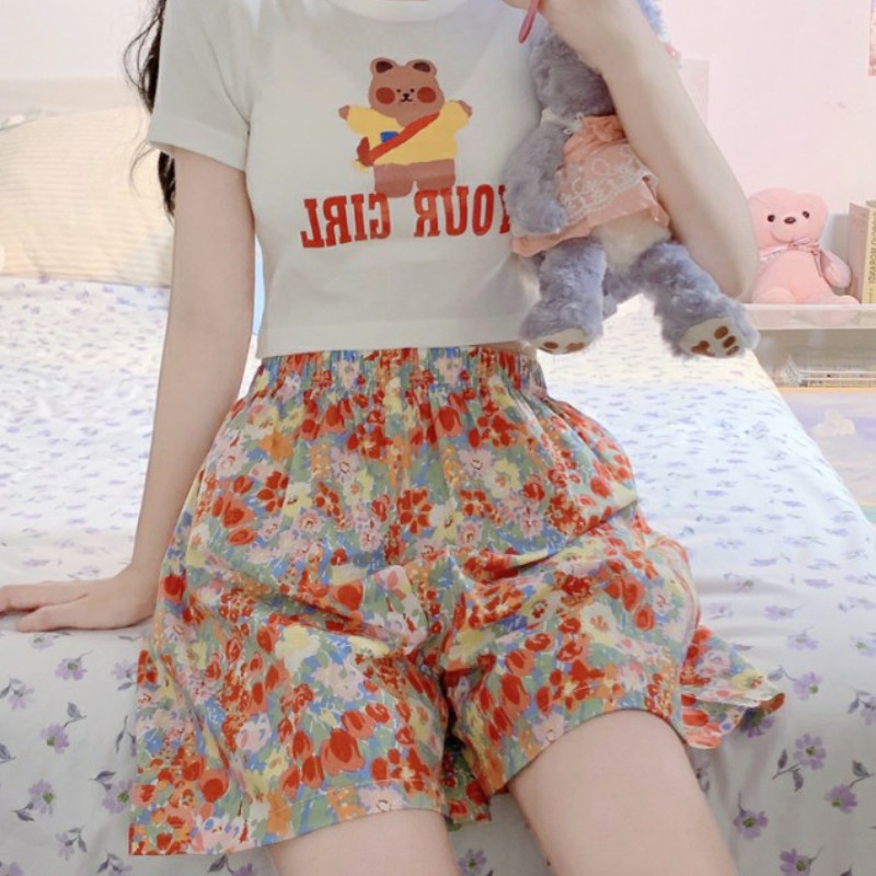 Pantaloni scurți Femei Kawaii Floral Sweet Girl Picior lat Subțire Acasă Stil plajă Baggy Japonia Vară Casual Confortabil Nou Retro Estetică Chic