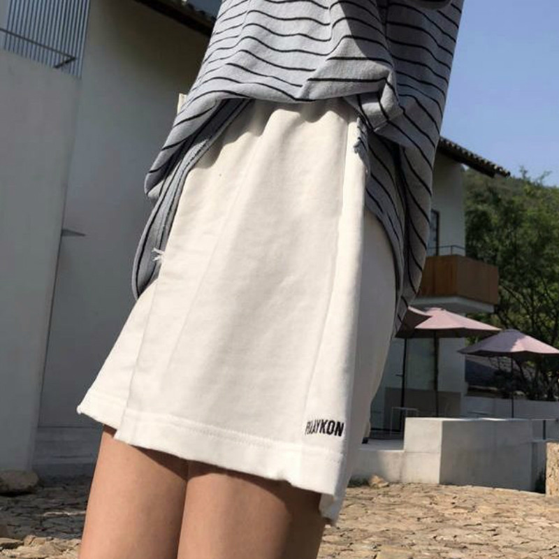 Σορτς Γυναικείο μονόχρωμο κέντημα γράμμα Oversize Loose κομψό φαρδύ πόδι Casual Κορεάτικο στυλ Κομψό κορδόνι ζωγραφικής Απλό γυναικείο all-match