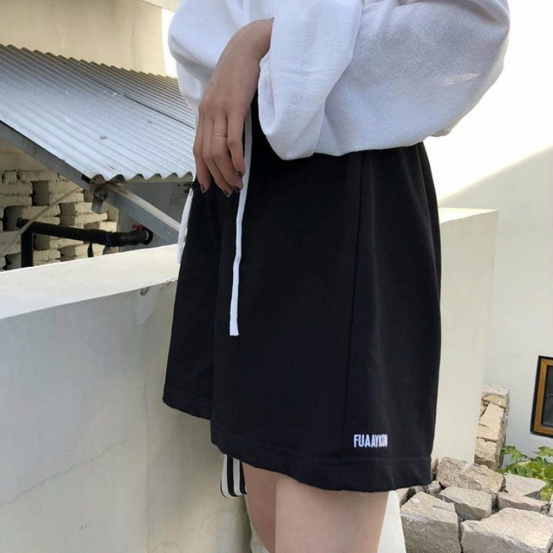 Σορτς Γυναικείο μονόχρωμο κέντημα γράμμα Oversize Loose κομψό φαρδύ πόδι Casual Κορεάτικο στυλ Κομψό κορδόνι ζωγραφικής Απλό γυναικείο all-match