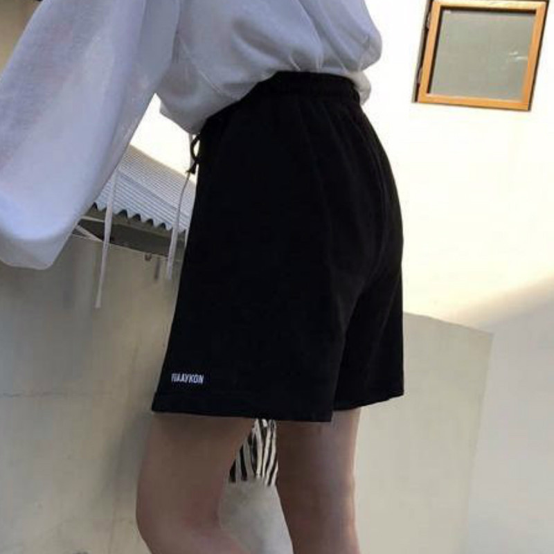 Σορτς Γυναικείο μονόχρωμο κέντημα γράμμα Oversize Loose κομψό φαρδύ πόδι Casual Κορεάτικο στυλ Κομψό κορδόνι ζωγραφικής Απλό γυναικείο all-match