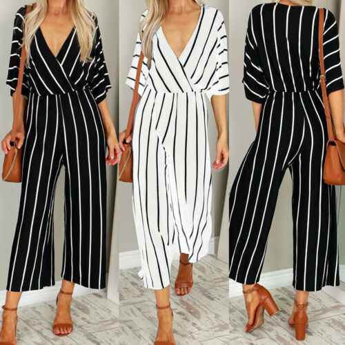 Retro Rompers Dámske dievčenské overaly Dámske letné pruhované voľné overaly s polovičným rukávom Overal Kombinácia Femme Body Mujer horúce