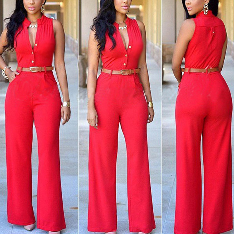Formalus kombinezonas plačiomis kelnėmis Moteriški biuro vienspalviai marškinėliai be rankovių diržo kombinezonas Basic V kaklo kombinezonas su viena krūtine.