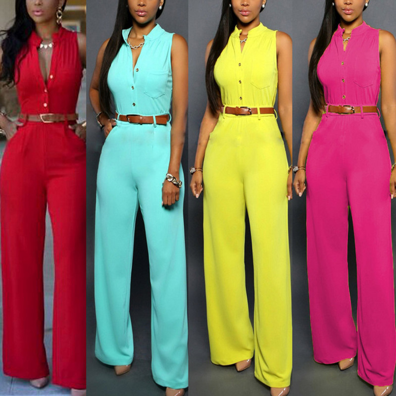 Formalus kombinezonas plačiomis kelnėmis Moteriški biuro vienspalviai marškinėliai be rankovių diržo kombinezonas Basic V kaklo kombinezonas su viena krūtine.