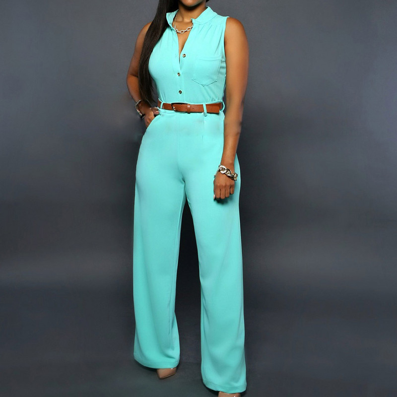 Formalus kombinezonas plačiomis kelnėmis Moteriški biuro vienspalviai marškinėliai be rankovių diržo kombinezonas Basic V kaklo kombinezonas su viena krūtine.