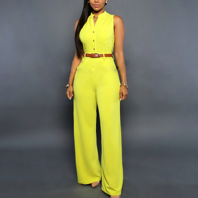 Formalus kombinezonas plačiomis kelnėmis Moteriški biuro vienspalviai marškinėliai be rankovių diržo kombinezonas Basic V kaklo kombinezonas su viena krūtine.