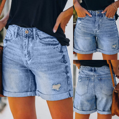 Taskuteksad Denim Suvised lühikesed püksid Teksad naistele Naistele Hole Bottom vabaaja lühikesed püksid Broken Style Denim Teksad Pantalones De Mujer
