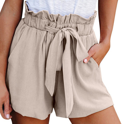 Naiste kõrge vöökohaga lühikesed püksid, volang, elastne vöökoht sidemega, puuvillase joonega vabaaja lühikesed püksid taskutega. Suures suuruses lahtised spordipüksid