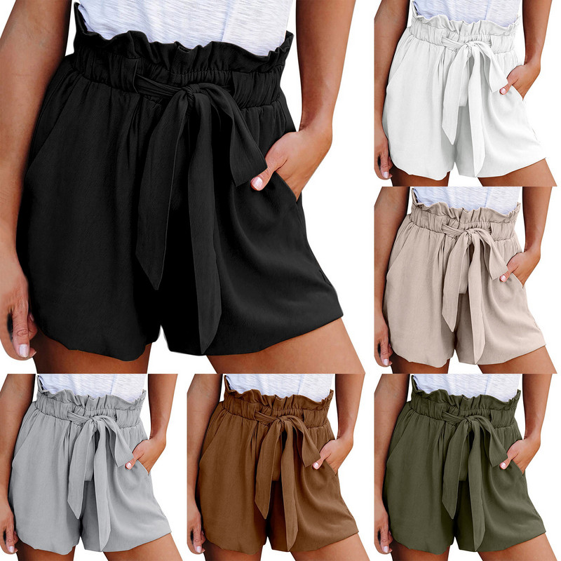 Naiste kõrge vöökohaga lühikesed püksid, volang, elastne vöökoht sidemega, puuvillase joonega vabaaja lühikesed püksid taskutega. Suures suuruses lahtised spordipüksid