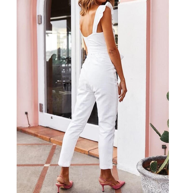 Hlače Ženski kombinezon Čipkaste duge hlače Ženski laneni Kombinezon s volanima s rukavima i džepovima Ženski kombinezon s remenom za ljetne praznike D300503