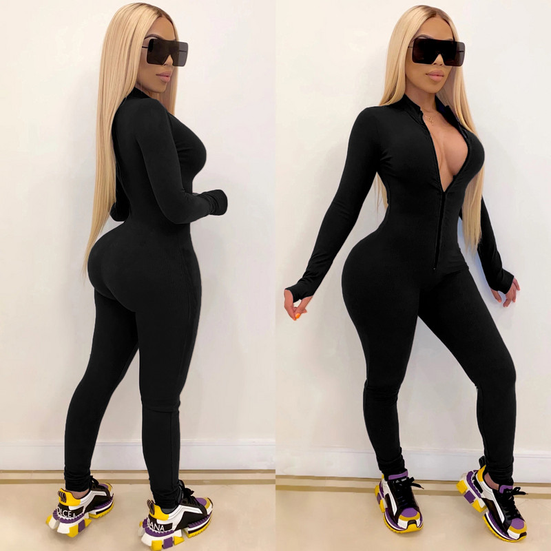 Sieviešu kombinezons Solid Workout Romperi ar garām piedurknēm Fitness Clubwear Sporta apģērbi Bodycon Skinny Slim Rāvējslēdzēju kombinezoni