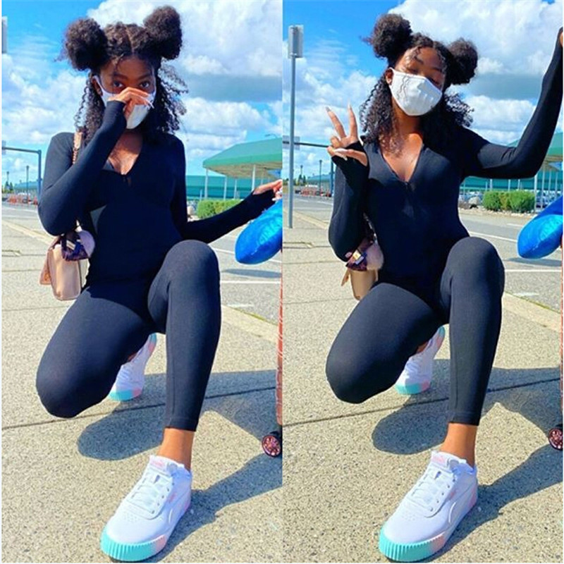 Sieviešu kombinezons Solid Workout Romperi ar garām piedurknēm Fitness Clubwear Sporta apģērbi Bodycon Skinny Slim Rāvējslēdzēju kombinezoni