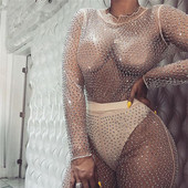 BKLD Mesh Sheer Bodycon Rompers Γυναικεία ολόσωμη φόρμα με μακριά μανίκια με χάντρες See Through Clubwear Party Bodycon Jumpsuits Καλοκαίρι 2019