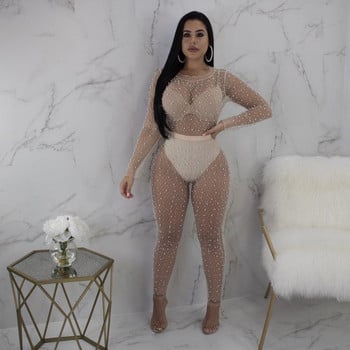 BKLD Mesh Sheer Bodysuit Rompers Дамски гащеризон с дълъг ръкав Beading See Through Клубно облекло Party Bodycon гащеризон Лято 2019