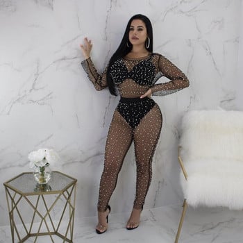 BKLD Mesh Sheer Bodysuit Rompers Дамски гащеризон с дълъг ръкав Beading See Through Клубно облекло Party Bodycon гащеризон Лято 2019