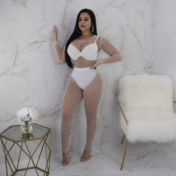 BKLD Mesh Sheer Bodysuit Rompers Дамски гащеризон с дълъг ръкав Beading See Through Клубно облекло Party Bodycon гащеризон Лято 2019