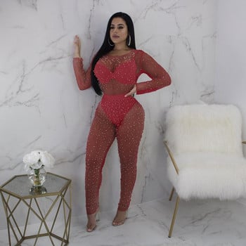 BKLD Mesh Sheer Bodysuit Rompers Дамски гащеризон с дълъг ръкав Beading See Through Клубно облекло Party Bodycon гащеризон Лято 2019