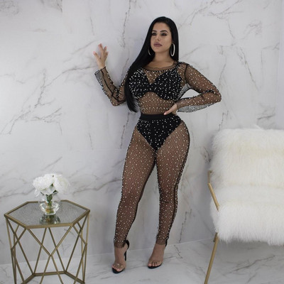 BKLD Mesh Sheer Bodycon Rompers Γυναικεία ολόσωμη φόρμα με μακριά μανίκια με χάντρες See Through Clubwear Party Bodycon Jumpsuits Καλοκαίρι 2019