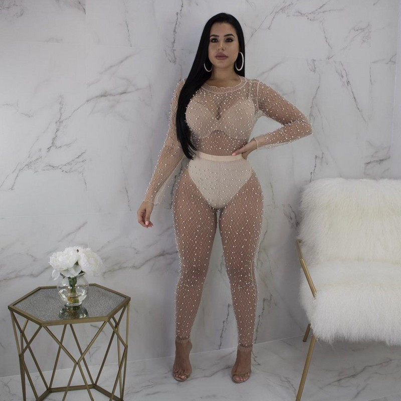 BKLD Mesh Sheer Bodycon Rompers Γυναικεία ολόσωμη φόρμα με μακριά μανίκια με χάντρες See Through Clubwear Party Bodycon Jumpsuits Καλοκαίρι 2019