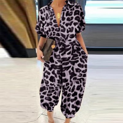 Salopetă cu nasturi cu imprimeu de leopard pentru femei, de vară, cu decolteu în V, cu mâneci scurte, salopete elegante de birou pentru femei, salopete de plajă, buzunare