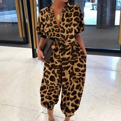 Salopetă cu nasturi cu imprimeu de leopard pentru femei, de vară, cu decolteu în V, cu mâneci scurte, salopete elegante de birou pentru femei, salopete de plajă, buzunare