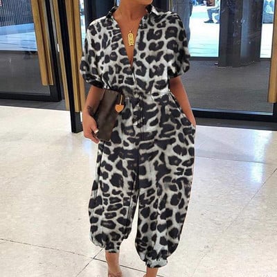 Salopetă cu nasturi cu imprimeu de leopard pentru femei, de vară, cu decolteu în V, cu mâneci scurte, salopete elegante de birou pentru femei, salopete de plajă, buzunare
