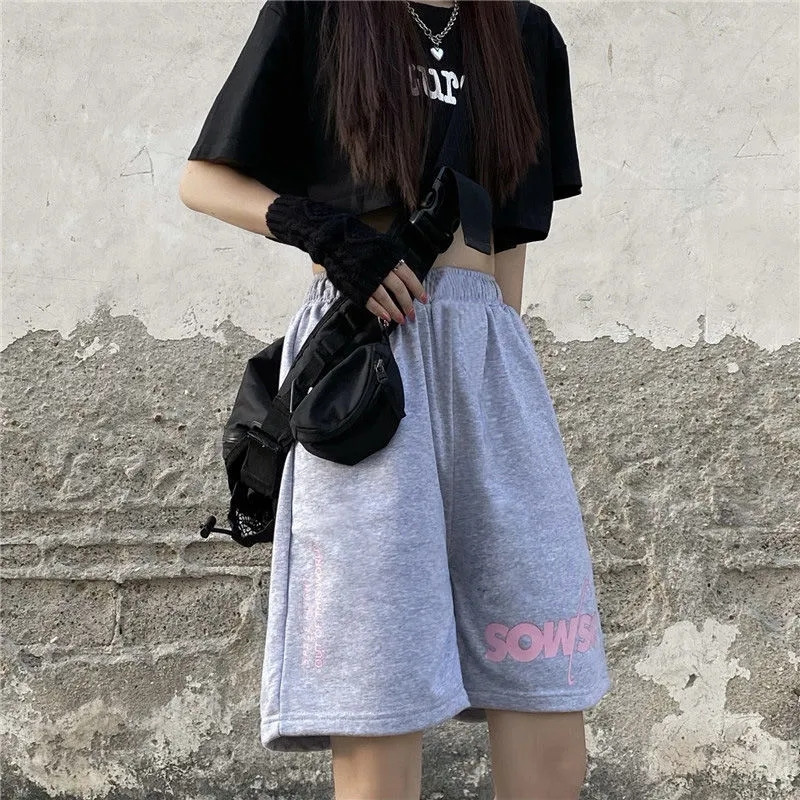 Ženska ljetna odjeća, modne kratke hlače, ležerne prevelike kratke hlače s otisnutim slovima i elastičnim strukom, hip-hop kratke hlače, korejska ulična odjeća