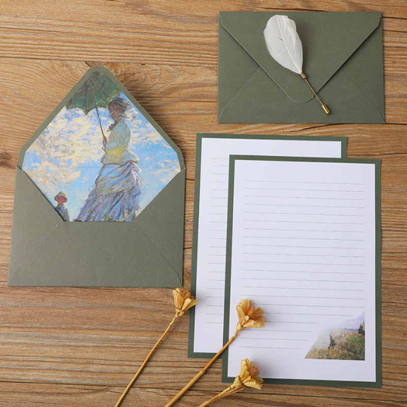 Van Gogh Monet 6 plicuri 10 scrisori Set de hârtie Creativ A5 pictură în ulei hârtie scrisoră Vintage frumos și drăguț plic occidental
