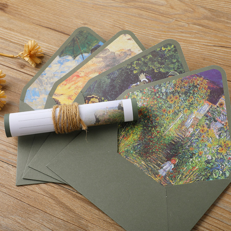 Van Gogh Monet 6 plicuri 10 scrisori Set de hârtie Creativ A5 pictură în ulei hârtie scrisoră Vintage frumos și drăguț plic occidental