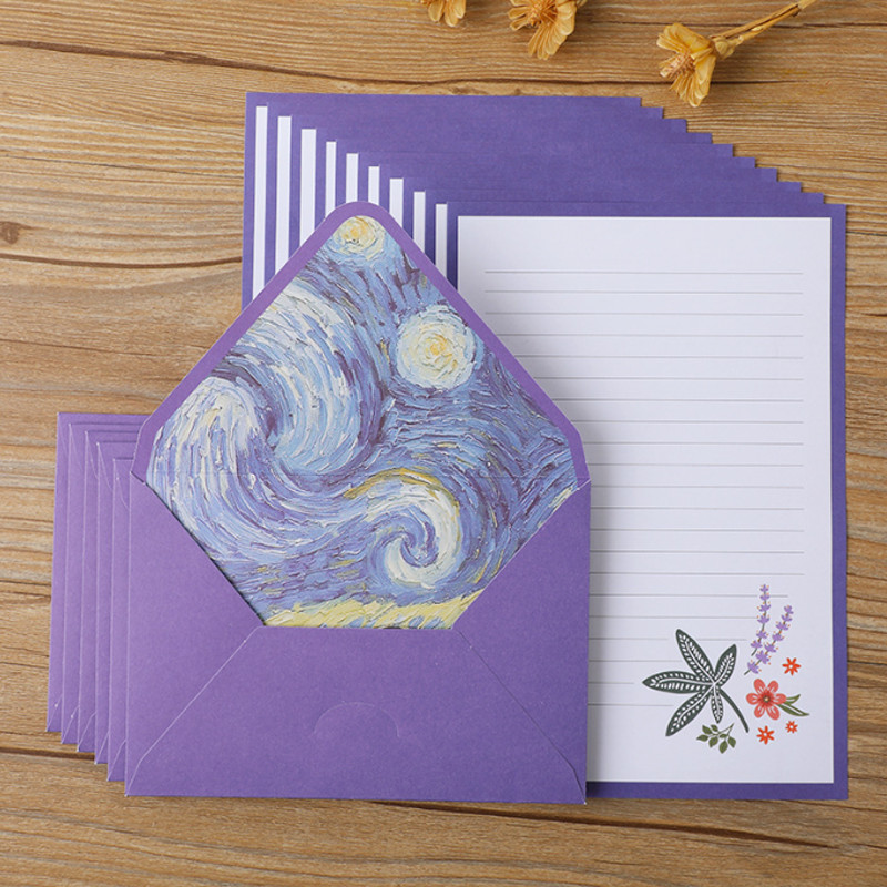 Van Gogh Monet 6 plicuri 10 scrisori Set de hârtie Creativ A5 pictură în ulei hârtie scrisoră Vintage frumos și drăguț plic occidental