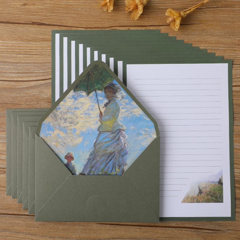 Van Gogh Monet 6 plicuri 10 scrisori Set de hârtie Creativ A5 pictură în ulei hârtie scrisoră Vintage frumos și drăguț plic occidental