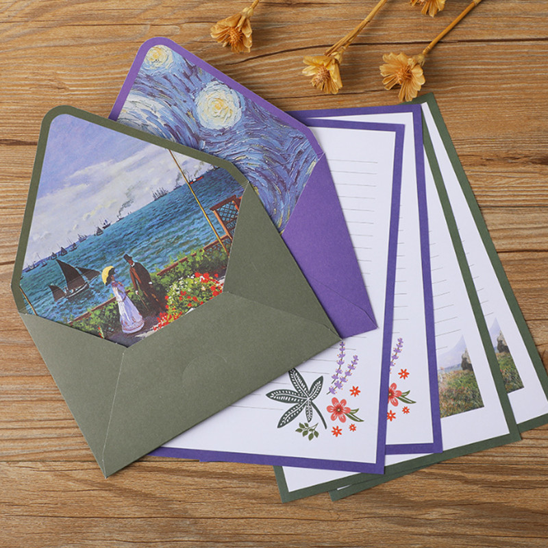 Van Gogh Monet 6 plicuri 10 scrisori Set de hârtie Creativ A5 pictură în ulei hârtie scrisoră Vintage frumos și drăguț plic occidental
