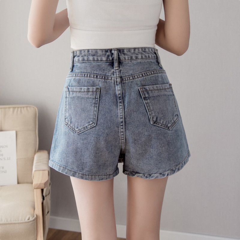 Ženske traper kratke hlače s kopčanjem i visokim strukom, široke nogavice, nepravilnog ispiranja, retro dizajna, vruće djevojke, mlade, slatke ulične odjeće, ljetno novo