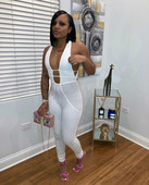 Dámske klubové oblečenie BKLD, sexy hlboký výstrih do V, vydlabané bez rukávov, čierne bodycon, fitness overal, jednofarebný