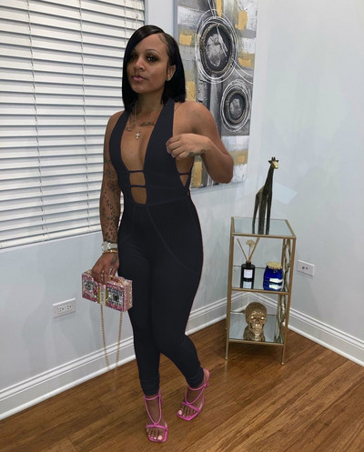 Dámske klubové oblečenie BKLD, sexy hlboký výstrih do V, vydlabané bez rukávov, čierne bodycon, fitness overal, jednofarebný