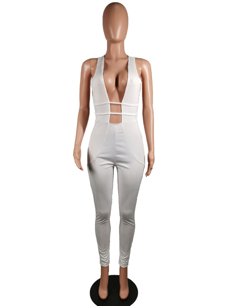 Dámske klubové oblečenie BKLD, sexy hlboký výstrih do V, vydlabané bez rukávov, čierne bodycon, fitness overal, jednofarebný