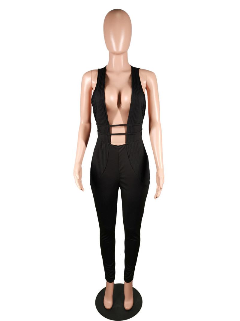 Dámske klubové oblečenie BKLD, sexy hlboký výstrih do V, vydlabané bez rukávov, čierne bodycon, fitness overal, jednofarebný