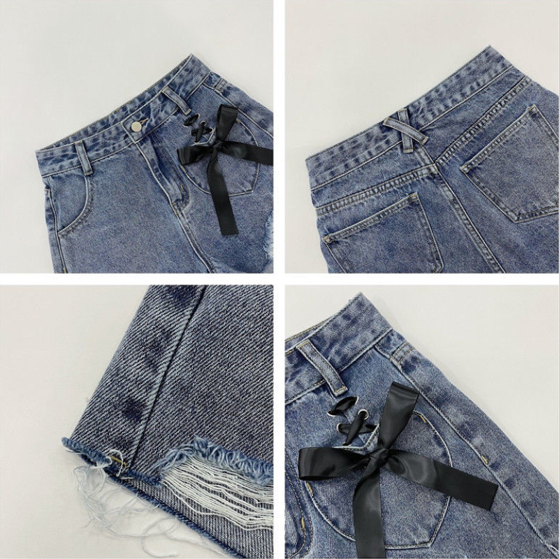 Traper kratke hlače za žene s rupicama i mašnom. Cool ulična odjeća, slatka, seksi Y2k trendi široke, sve u kombinaciji Basic Girlish Mujer Goth Ins s visokim strukom