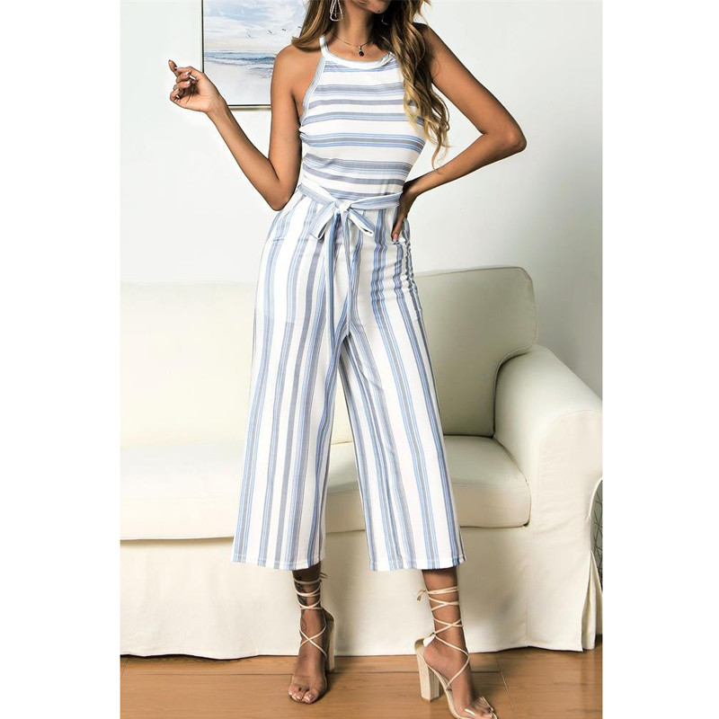 Salopetă pentru femei 2020, la modă, ocazională, fără mâneci, cu dungi, multicolore, haine de club, pantaloni până la gambe, ținute