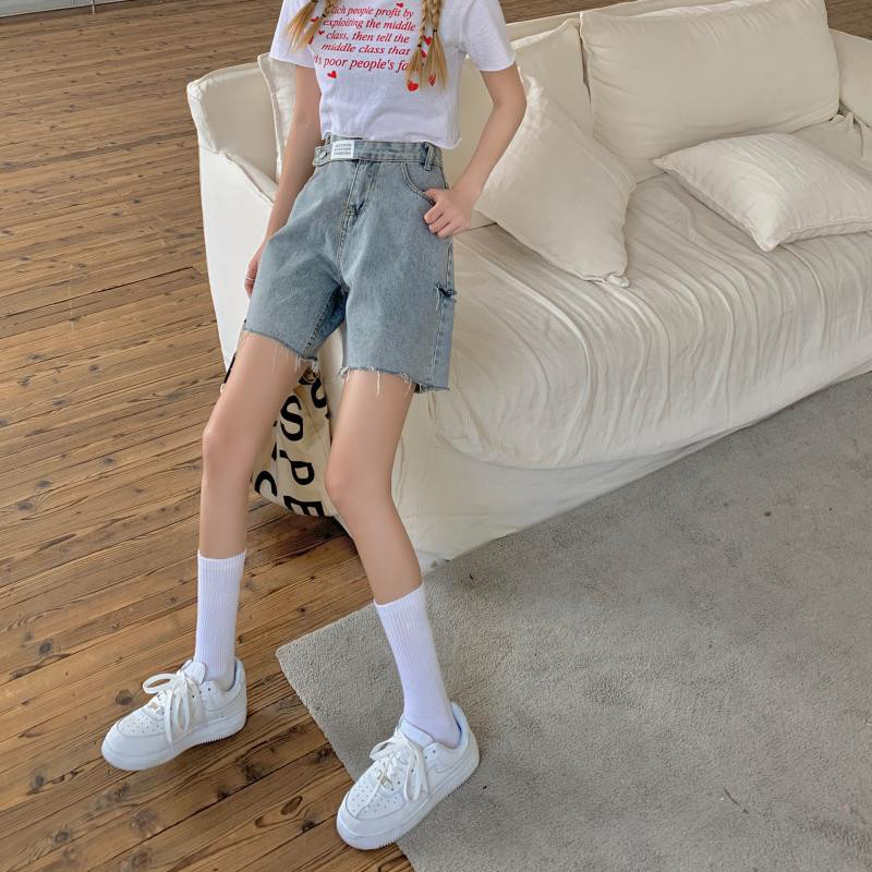 Kratke hlače Ženske ulične hlače visokog struka, traper širokih nogavica, novi ženski ljetni korejski stil za 2021. Opuštena moda s rupama s resicama Jednostavna za sve