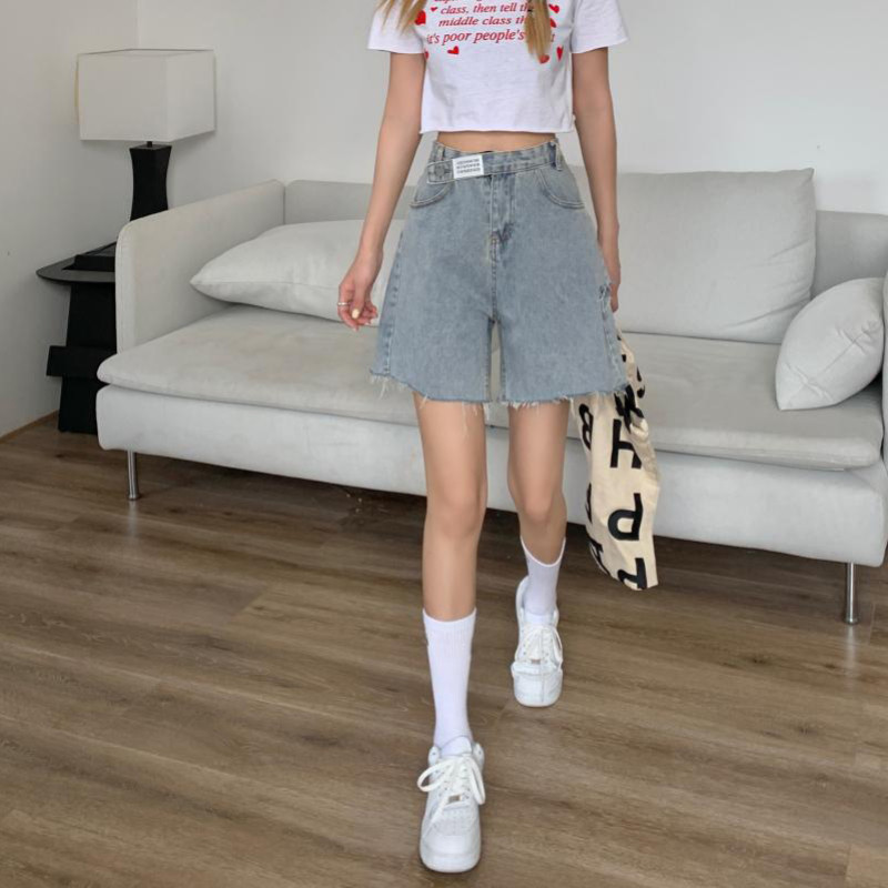 Kratke hlače Ženske ulične hlače visokog struka, traper širokih nogavica, novi ženski ljetni korejski stil za 2021. Opuštena moda s rupama s resicama Jednostavna za sve